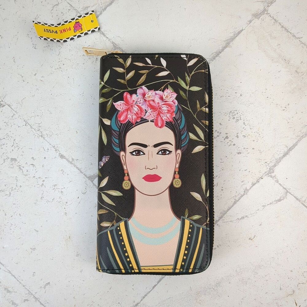 Floral Portrait Zip Wallet - Black with Pink & Green Accents